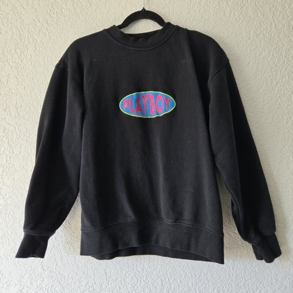 Playboy by PacSun Mens Black‎ Crewneck Sweatshirt Embroidered Logo Patch Small